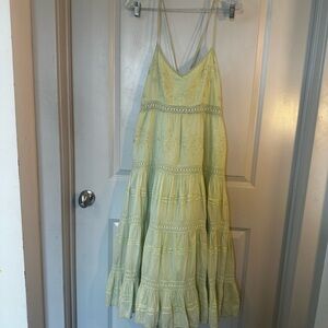 Vintage Kaaku Indian Tiered Ruffle Boho Green Gypsy Midi Dress, M/L